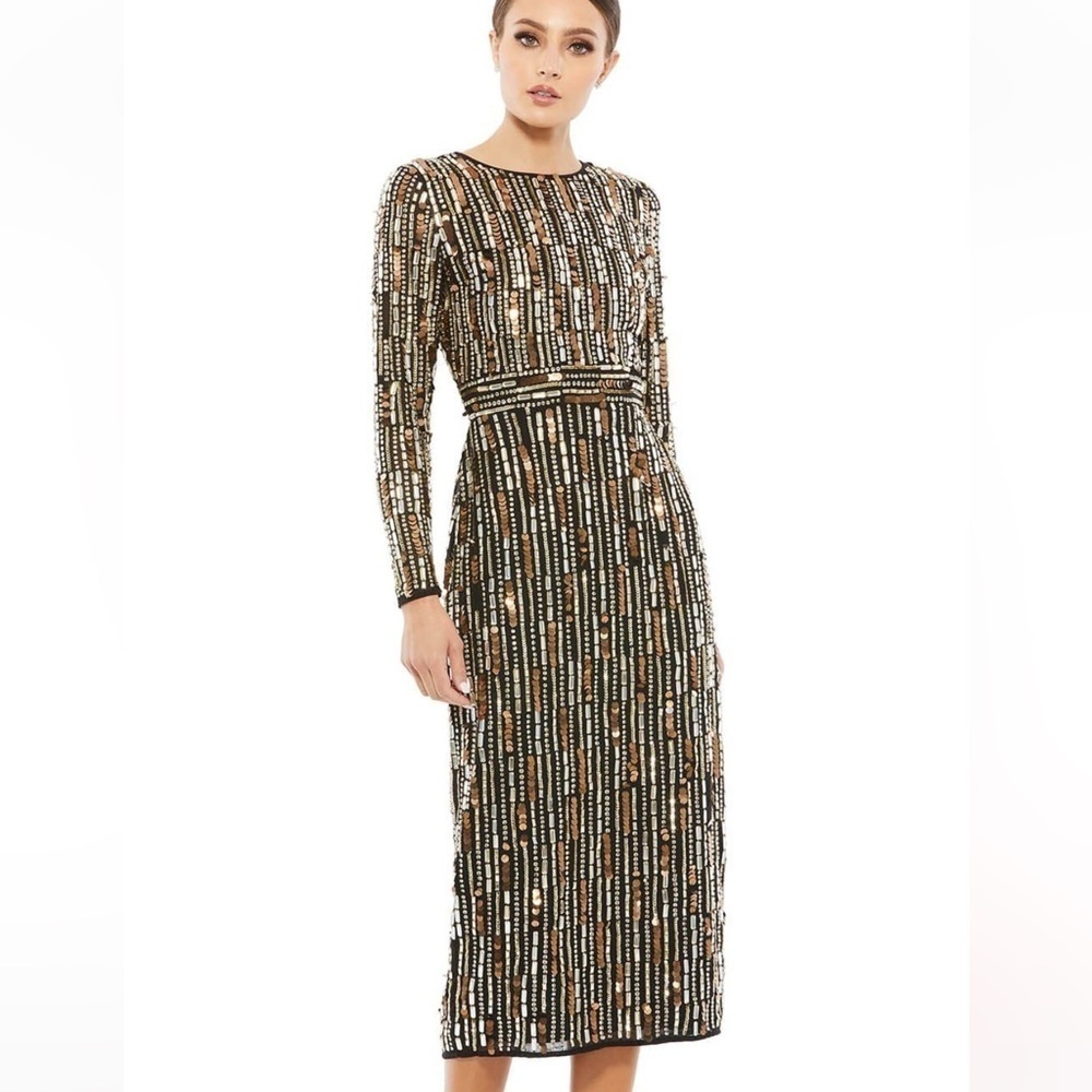 Mac Duggal Black & Gold Long Sleeve Embellished Column Midi Dress #6925704